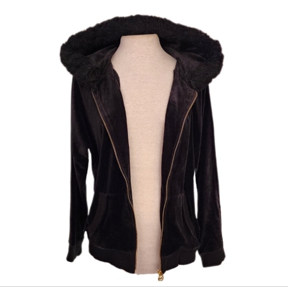 Michael Kors Velvet w Faux Fur Detail  & Metal Zipper Hoodie Jacket Blac… - Picture 3 of 15